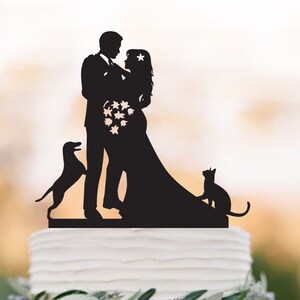 Unique Wedding Cake topper with dog and cat, bride and groom wedding cake topper, funny wedding cake topper with dog and cat, personalized