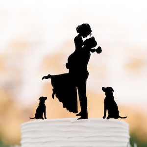 Unique Wedding Cake topper 2 dogs, Cake Toppers with Groom lifting bride, funny wedding cake toppers silhouette, two dog cake topper