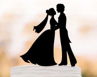 couple Wedding Cake topper  topper figurine,   Bride and groom silhouette , funny cake decor, bride with veil