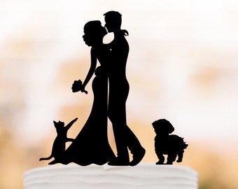 Wedding Cake topper cat and dog, Cake Toppers with dog, couple silhouette, cake toppers bride and groom kissing silhouette