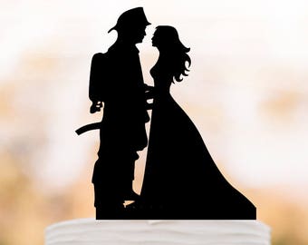 fireman groom and bride silhouette Wedding Cake toppers, funny wedding cake topper firefighter cake topper