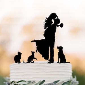Wedding Cake topper dog and cat, funny wedding Cake Topper with two cats, couple  silhouette,  bride and groom silhouette