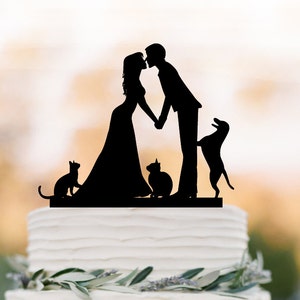 Wedding Cake topper with Cat, Wedding cake topper with dog. Topper with bride and groom silhouette, funny cake topper, family cake topper