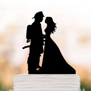 fireman groom and bride silhouette Wedding Cake toppers, funny wedding cake topper firefighter cake topper image 1