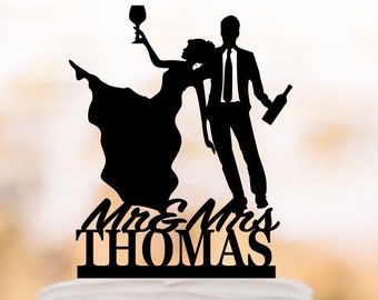 Personalized Funny wedding cake topper drunk bride and groom silhouette, wine bottle and glass cake topper, unique cake topper with name
