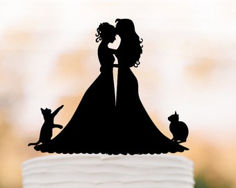 Lesbian wedding cake topper with cat.   same sex wedding Cake Topper, couple silhouette cake topper, mrs and mrs wedding cake top decoration