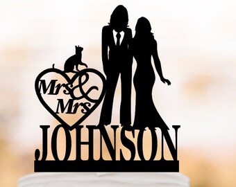 personalized Lesbian wedding Cake topper with cat. same sex wedding cake topper mrs and mrs, couple silhouette, funny wedding cake topper,