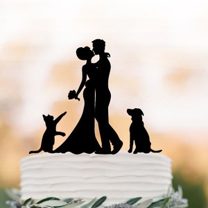 Wedding Cake topper with cat.  Funny Cake Topper with dog, bride and groom cake topper,  unique wedding cake topper customized