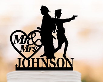 Police female Wedding Cake toppers fireman name and mr mrs, firefighter and police silhouette cake topper