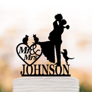 Custom Wedding Cake topper mr and mrs, Cake Toppers with dog, bride and groom silhouette, cake toppers with cat, 2 cats cake topper