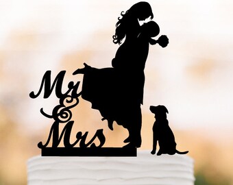 Wedding Cake topper with dog. Cake Topper mr and mrs bride and groom silhouette, funny wedding cake topper, unique wedding cake topper