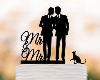 Gay Wedding Cake topper with cat, Cake Toppers with mr and mr, gay silhouette, cake topper for wedding, same sex cake topper