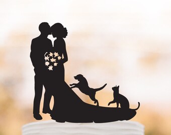 Wedding Cake topper with dog, bride and groom silhouette wedding cake topper with cat, funny wedding cake topper with dog and cat