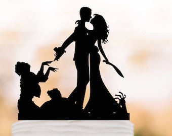 Zombie Cake topper for wedding, Halloween couple silhouette wedding cake toppers, funny zombieland wedding cake toppers