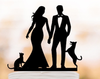 Unique Wedding Cake topper with cat, bride and groom silhouette wedding cake topper with dog, funny wedding cake topper with animal,