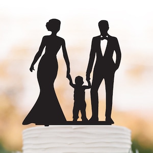 Family Wedding Cake topper with child, bride and groom wedding cake topper with little boy, funny wedding cake topper with kid,