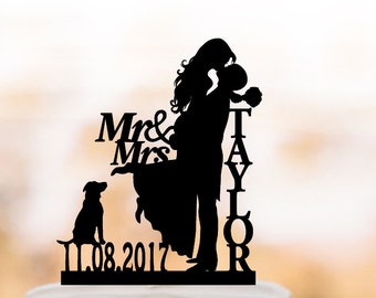 Personalized Wedding Cake topper with dog, bride and groom silhouette wedding cake topper, custom anem and date cake topper
