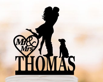 Personalized Wedding Cake topper with dog, silhouette wedding cake topper custom name, Bride and groom wedding cake topper with mr and mrs