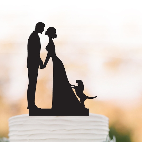 Wedding Cake topper with dog, hair up bride, bride and couple kissing cake topper, long dress bride silhouette, dog cake topper