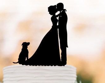 groom kissing bride silhouette Wedding Cake topper with dog, funny wedding cake decor people figurine silver and gold mirror available