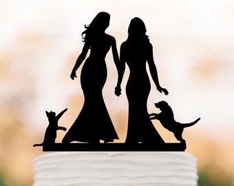 lesbian wedding cake topper with cat and dog. Same sex wedding lesbian Cake Topper with dog, wedding silhouette mrs and mrs cake decor