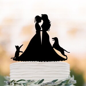 Lesbian wedding cake topper with cat. same sex wedding Cake Topper with dog, silhouette cake topper, mrs and mrs wedding cake decoration
