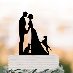 Wedding Cake topper with Cat and with dog. Cake Topper with bride and groom silhouette, funny wedding cake topper, family cake topper
