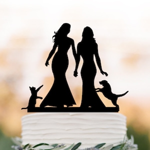 lesbian wedding cake topper with cat and dog. Same sex wedding lesbian Cake Topper with dog, wedding silhouette mrs and mrs cake decor