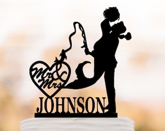 Custom Wedding cake topper Fishing, mermaid wedding cake topper, mr and mrs cake topper, Fisherman cake topper, groom lifting bride
