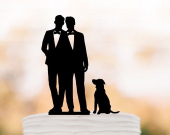 Gay Wedding Cake topper with dog,  gay silhouette cake topper for wedding, same sex wedding cake topper, gift for gay