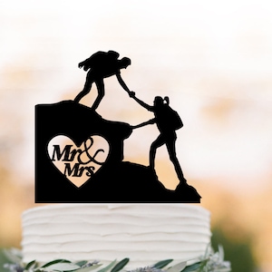 Hiking bride and groom climbing mountain wedding cake topper Backpacking  outdoor wedding Mr andm mrs Wedding Cake Topper