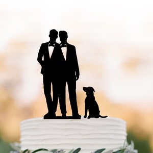 Gay Wedding Cake topper with dog,  gay silhouette cake topper for wedding, same sex wedding cake topper, gift for gay