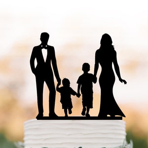 bride and groom Wedding Cake topper with child, family silhouette wedding cake topper with two boy wedding cake topper birthday gift