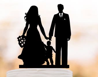 bride groom with son silhouette funny Wedding Cake topper with boy,  family  silhouettecake topper