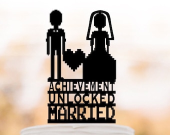 Achievement unlocked gaming wedding cake topper 8 bits video gamer wedding cake decor retro 8bit gaming cake topper, computer cake topper