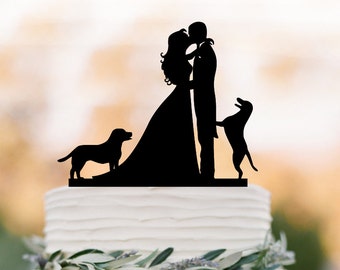 Wedding Cake topper with dogs. Funny Cake Topper, bride and groom silhouette cake topper, unique wedding cake top decoration
