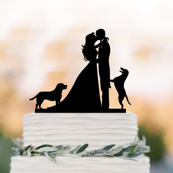 Wedding Cake Topper, Bride and Groom Silhouette with Dogs