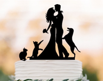 Funny wedding cake topper with cat bride and groom silhouette wedding Cake Topper with dog, wedding decoration gift for her