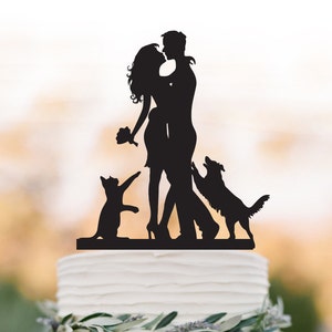 Wedding Cake topper with dog and cat, dog jumping groom silhouette bride and groom . unique wedding cake topper with maltese dog and cat