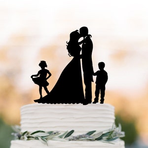 Ragazzo e Ragazza Silhouette per Anniversario di Matrimonio Decorazioni Torte Sconosciuto Acrilico Cake Topper Sposa e Sposo Famiglia con 2 Bambini 
