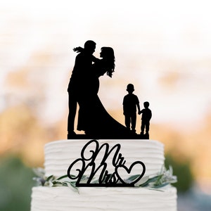 Family Wedding Cake topper with two boy, silhouette wedding cake toppers, two tier wedding cake toppers with child mr and mrs cake topper