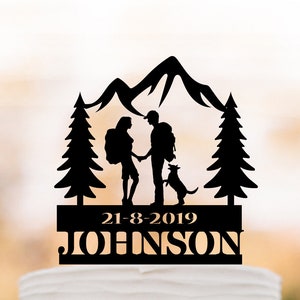 Personalized Wedding Cake Topper,Hiking Wedding,Mountain Cake Topper,Backpacking Bride and Groom,Outdoor Wedding with name and date