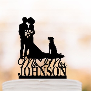 Custom cake topper for wedding, groom kissing brides forehead silhouette Wedding Cake topper with dog, funny wedding cake decor people