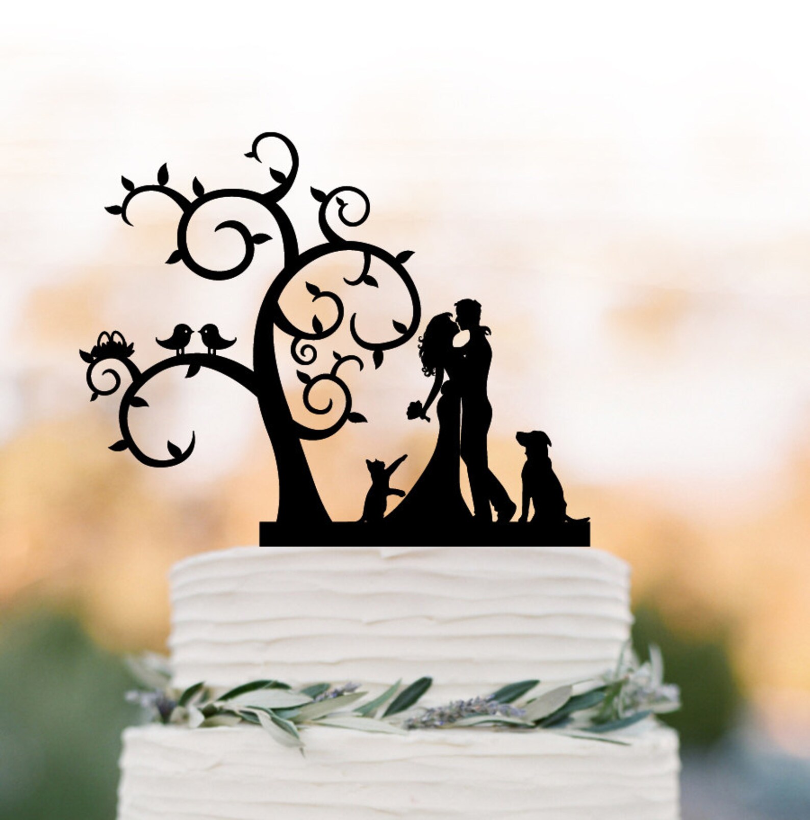Bride and Groom Wedding Cake Topper Dog and Cat, Tree Wedding Cake ...