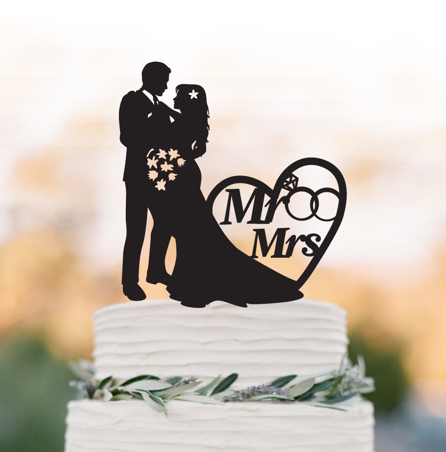 Mr and Mrs Wedding Cake Topper With Rings and Heart Decor | Etsy