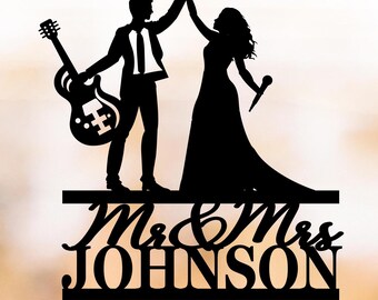 Guitar player wedding Cake Topper bride and groom, Singer Cake decor, Musician cake decor, Mosic lover wedding gift, personalized topper