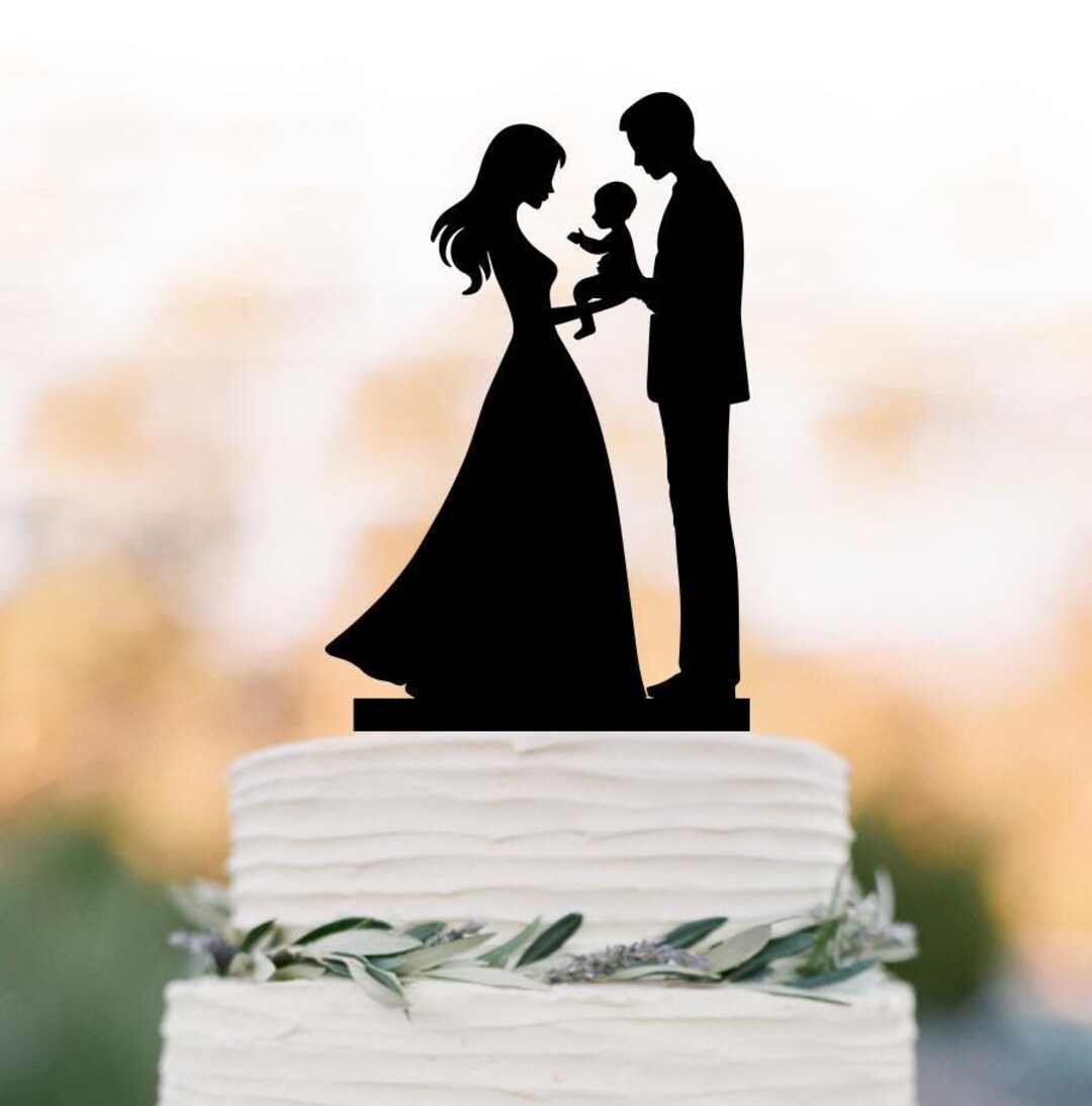 Bride and Groom Wedding Cake Topper With Baby | Family Silhouette Cake ...