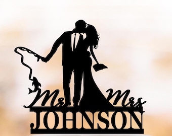 Personalized Wedding Cake Topper, Romantic Groom with Fishing Rod and Bride with Book, Custom Mr & Mrs Topper