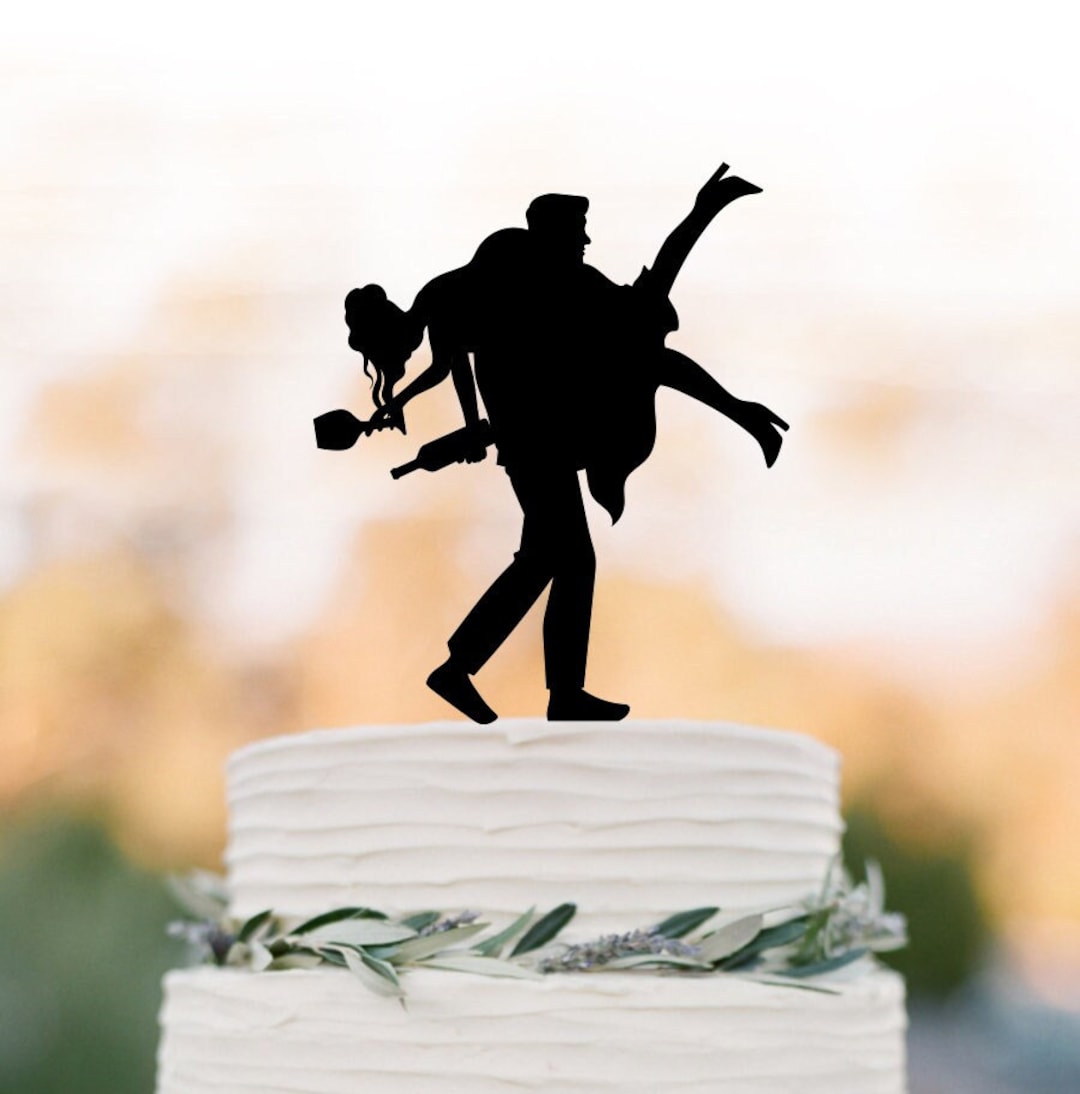 Funny Wedding Cake Topper Drunk Bride and Groom Silhouette, Wine
