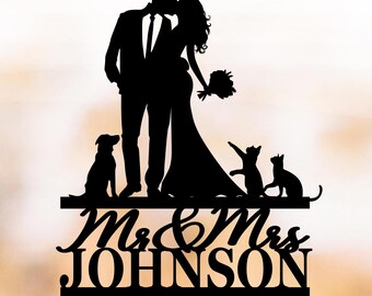 Bride and groom Wedding Cake topper with cat and dog silhouette people cake topper pets lover cake decor custom name Mr and Mrs